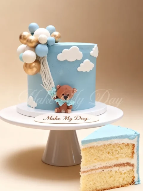 Customized teddy bear cake with balloons and cloud design